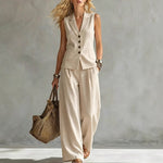Two-piece V-Neck Sleeveless Vest And Wide Leg Pants - beige