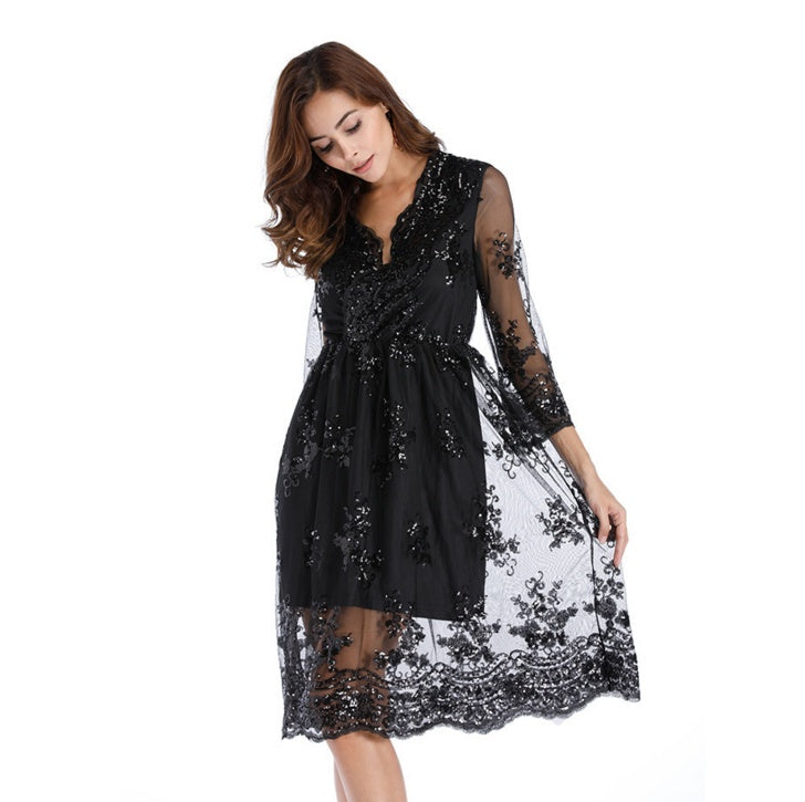 Floral Sequin V-Neck Midi Dress - black