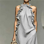 Resort Style Ruffled Halter Neck Sleeveless Maxi Dress - light grey