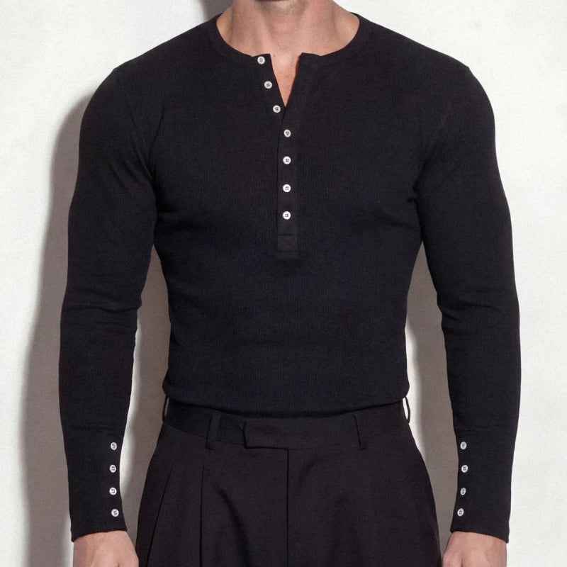 Black Henley Neck Ribbed Slim Fit Long Sleeve Knit Top