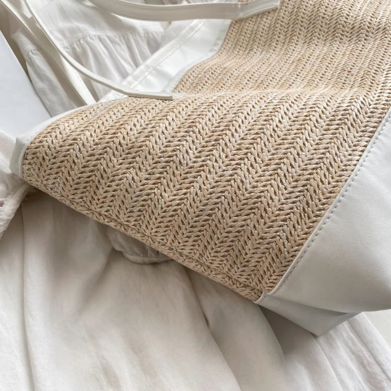 Chic Straw Weave Tote with Leather Straps - runwayfashionistacom