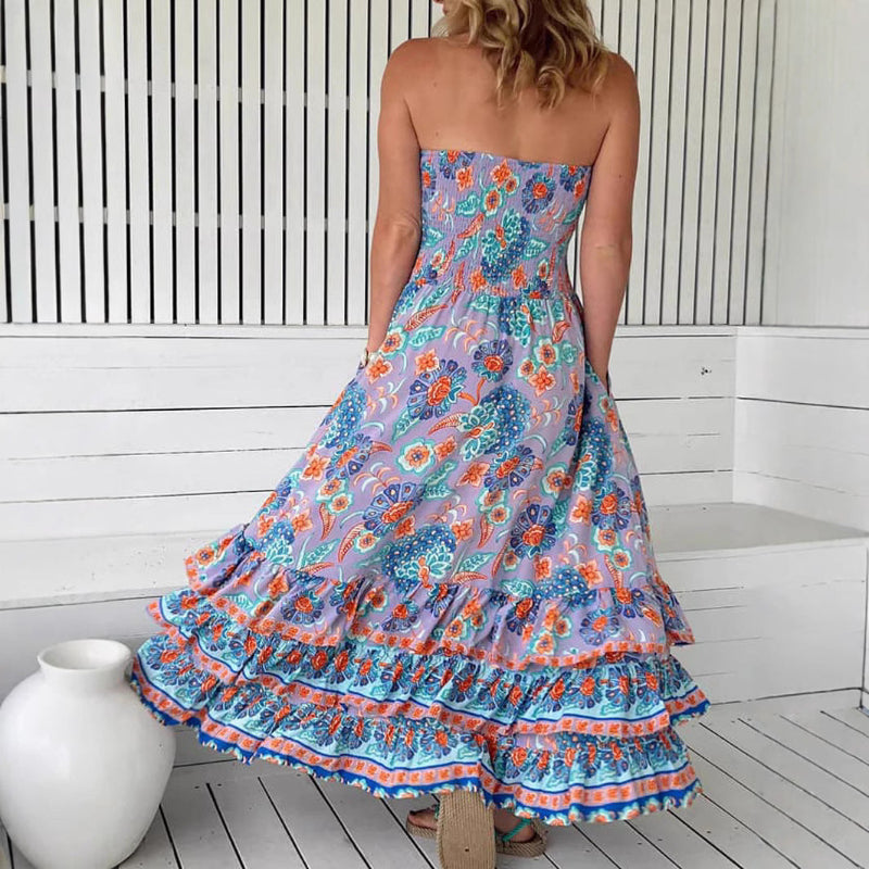 Multi-layer Ruffle Tiered Strapless Maxi Dress - violet