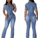 Slim Fit Elastic Washed Denim Jumpsuit