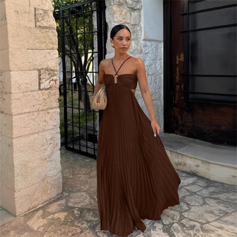 Pleated Sleeveless Sling Maxi Dress - brown