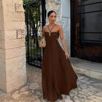 Pleated Sleeveless Sling Maxi Dress - brown