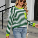 Pocketed Striped Round Neck Long Sleeve T-Shirt - runwayfashionista.com