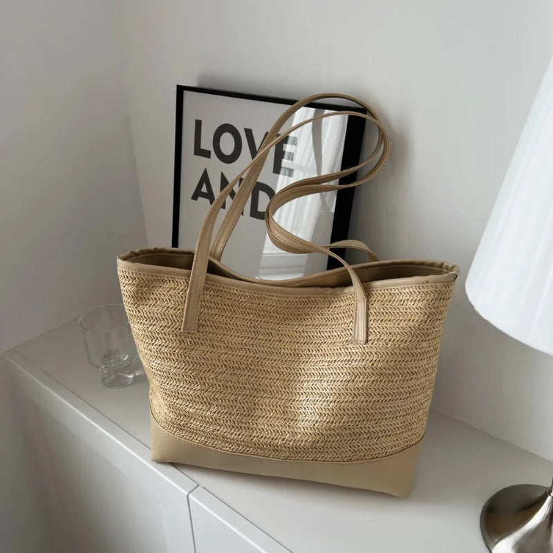 Chic Straw Weave Tote with Leather Straps - runwayfashionistacom