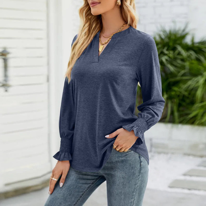 Notched Long Sleeve T-Shirt - runwayashionista.com