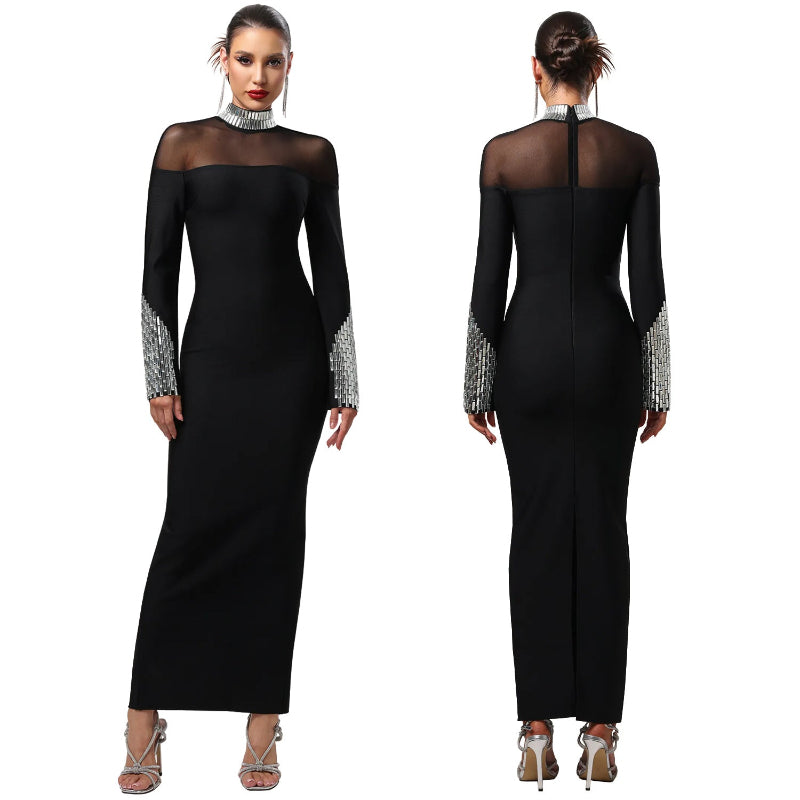 Elegant High Neck Long Sleeve Fitted Sequined Dress - black