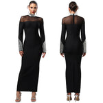 Elegant High Neck Long Sleeve Fitted Sequined Dress - black