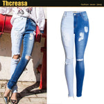Double Color Patchwork Ripped Knees Jeans - runwayfashionista.com