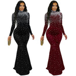 Elegant High Neck Rhinestone Beaded Bodycon Maxi Dress
