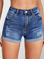 Elastic Denim Shorts with Ripped & Folded Edges