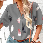 Printed Collared Neck Short Sleeve Blouse - runwayfashionista.com