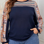 Honey Plus Size Printed Long Sleeve Sweatshirt in Black, Navy, Army Green with geometric print and round neck. Loose fit pullover