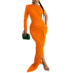 Asymmetrical Neck Single Long Sleeve Maxi Dress with Pleats - orange