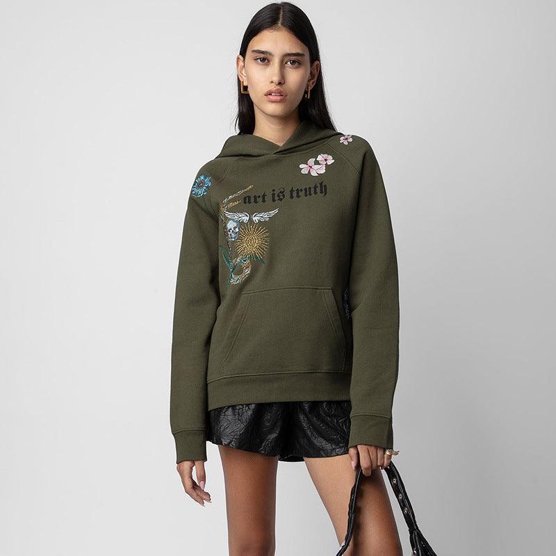 Flower Skull Wing Embroidery Sweatshirt