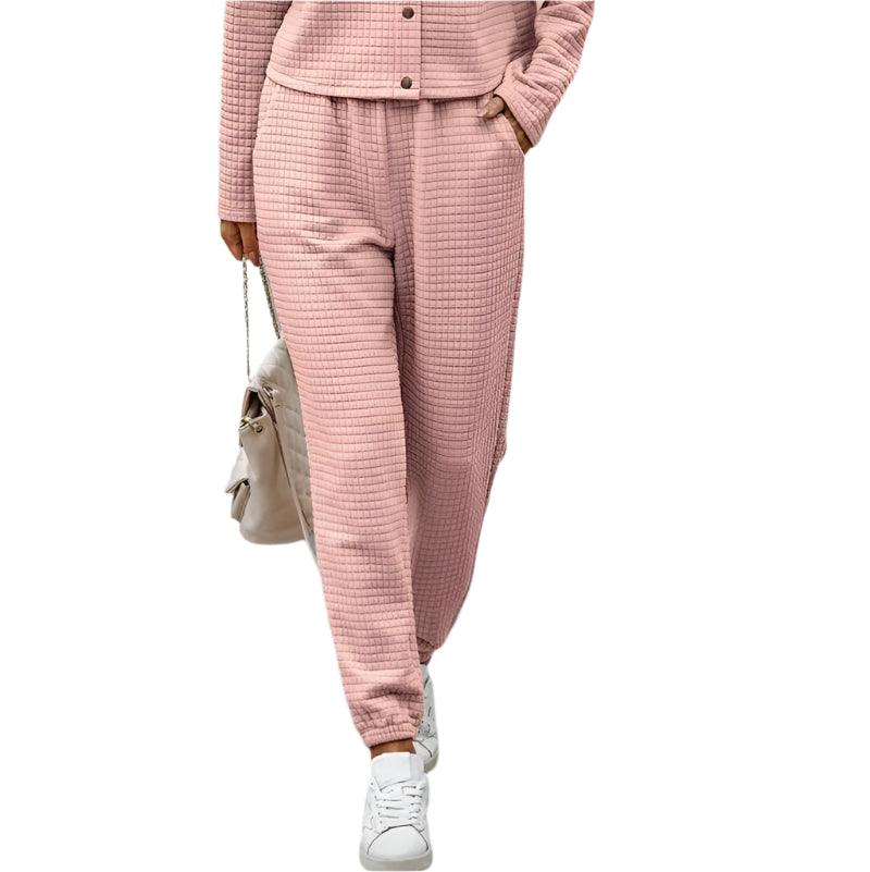 Plaid texture snap down top and pants set - runwayfashionista.com