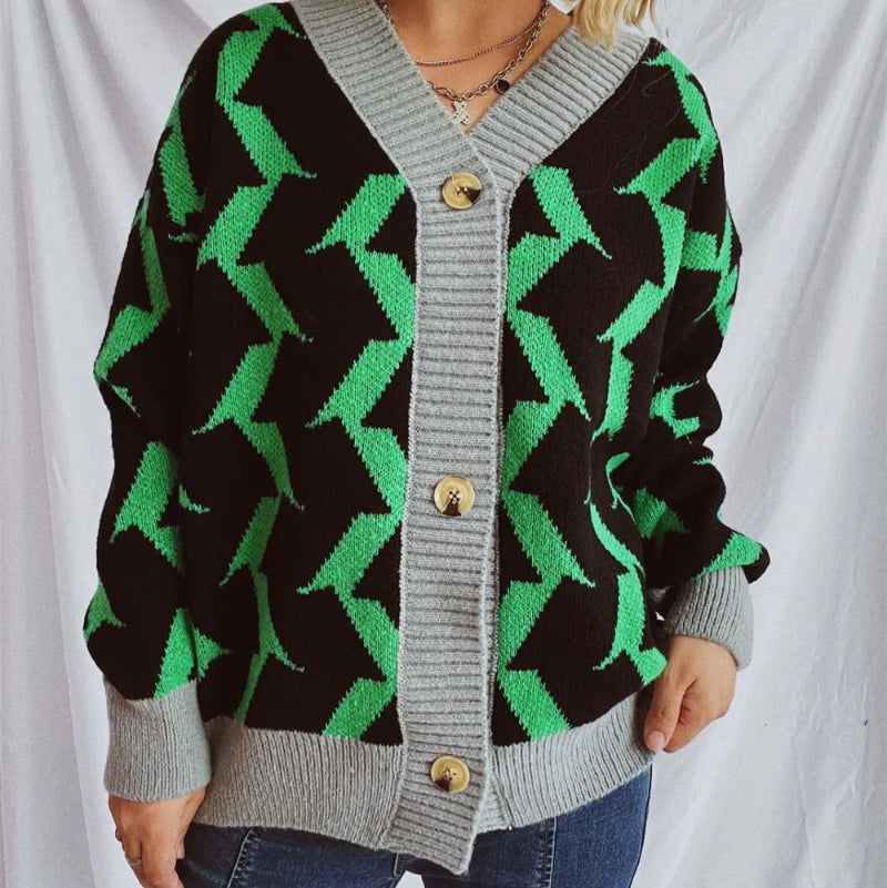 Contrast Trim Geometric V-Neck Long Sleeve Cardigan - runwayfashionista.com