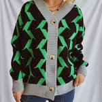 Contrast Trim Geometric V-Neck Long Sleeve Cardigan - runwayfashionista.com