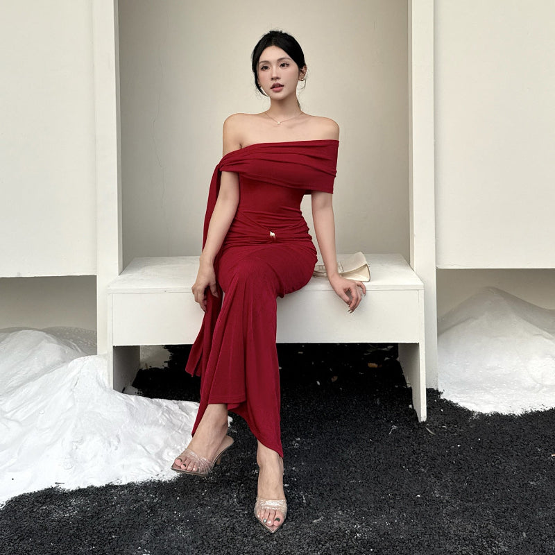 Edgy One-Shoulder Waist Tie Midi Dress
