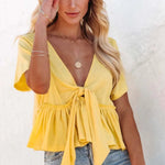 Tied Plunge Short Sleeve Blouse - runwayfashionista.com