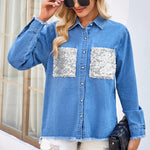 Raw Hem Button Up Long Sleeve Denim Jacket -runwayfashionista.com