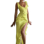 Ruffle Strap V-Neck Split Midi Dress - yellow