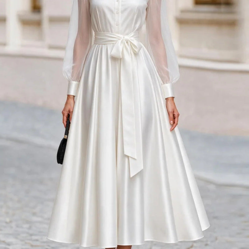 Sheer-Mesh-Sleeve Shirt-Collar V-Neck Self-Tie Bow-Belt Voluminous A-Line Midi Dress — White, S–2XL