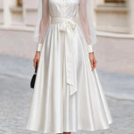 Sheer-Mesh-Sleeve Shirt-Collar V-Neck Self-Tie Bow-Belt Voluminous A-Line Midi Dress — White, S–2XL