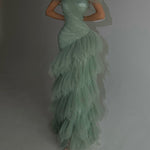 Elegant Light Green Strapless Mermaid Maxi Dress With Layered Tulle Skirt