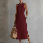 Halter Neck Sleeveless Midi Dress - brown