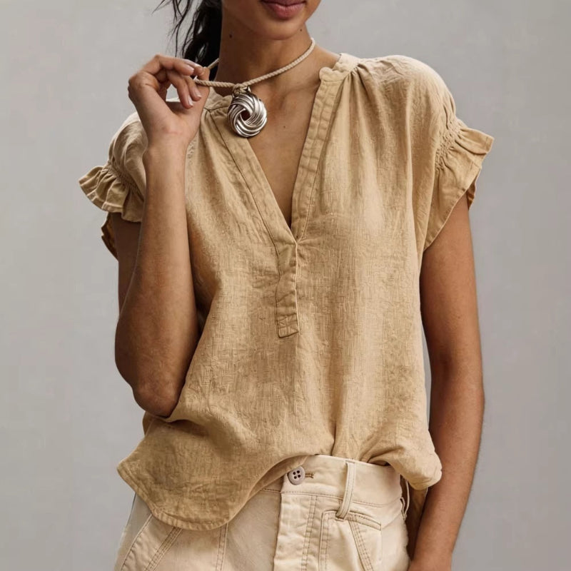 Casual V-Neck Cotton-Linen Blouse - khaki