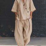 Loose-fit V-neck Top And High-waist Trousers - khaki