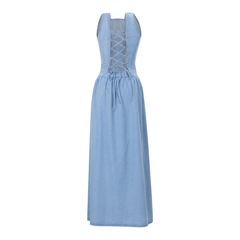 Denim Blue Sleeveless Strappy Maxi Dress