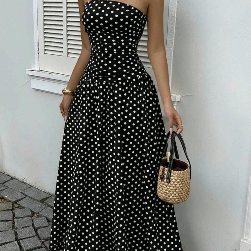 Elegant Polka-dot Off-shoulder Midi Dresses - black