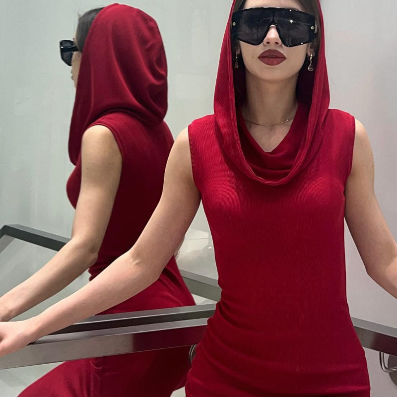 Chic Red Hooded Sleeveless Maxi Dress