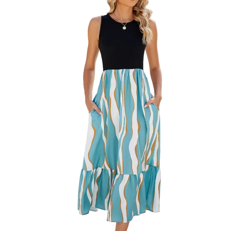 Sleeveless Wavy Stripe Tiered Midi Dress - blue