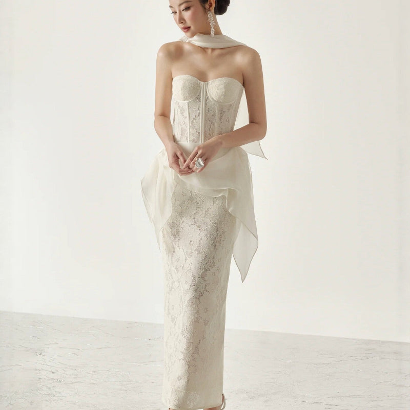Cream Floral Lace Strapless Sweetheart Corset-Boned Detachable Asymmetric Ruffle-Overlay Midi Dress