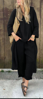 V-neck Long Top And High Waist Wide Leg Pants