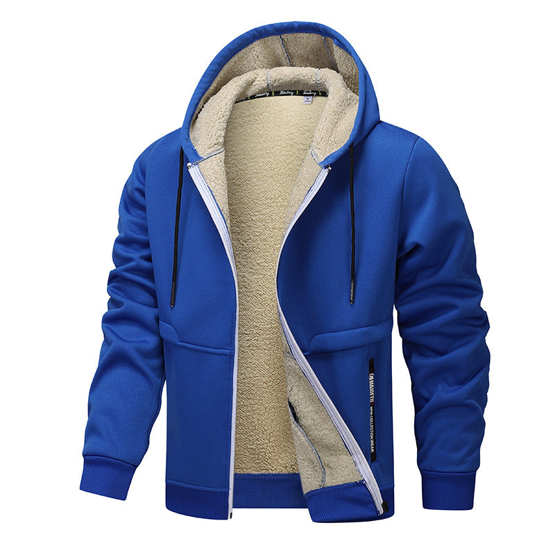 Thick Sherpa Lined Hooded Zipper Jacket - blue
