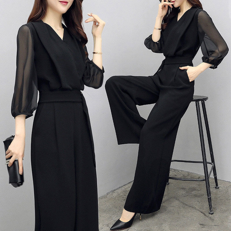 Black V-Neck Sheer-Sleeve Elasticated-Waist Wide-Leg Jumpsuit