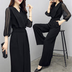 Black V-Neck Sheer-Sleeve Elasticated-Waist Wide-Leg Jumpsuit