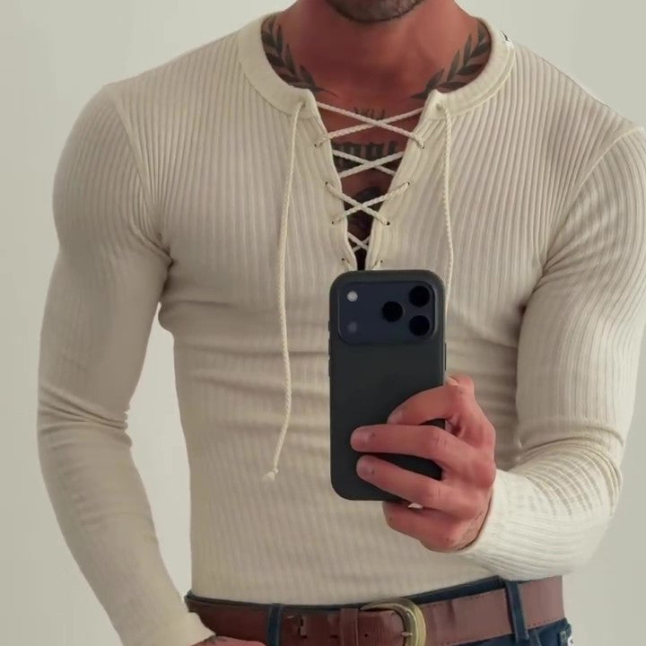 Beige Ribbed Knit Lace-Up V-Neck Long Sleeve Top