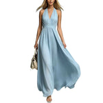 V-neck Sleeveless Waist-cinching Maxi Dress - light blue