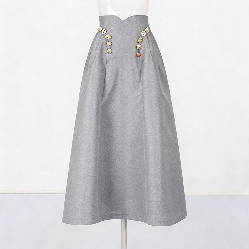 Irregularly Shaped Button-decorated Pleated Midi Skirt
