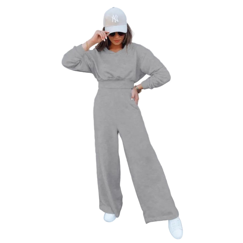 Oversized Cropped Hoodie & Wide-Leg Palazzo Sweatpant Co-Ord Set - grey
