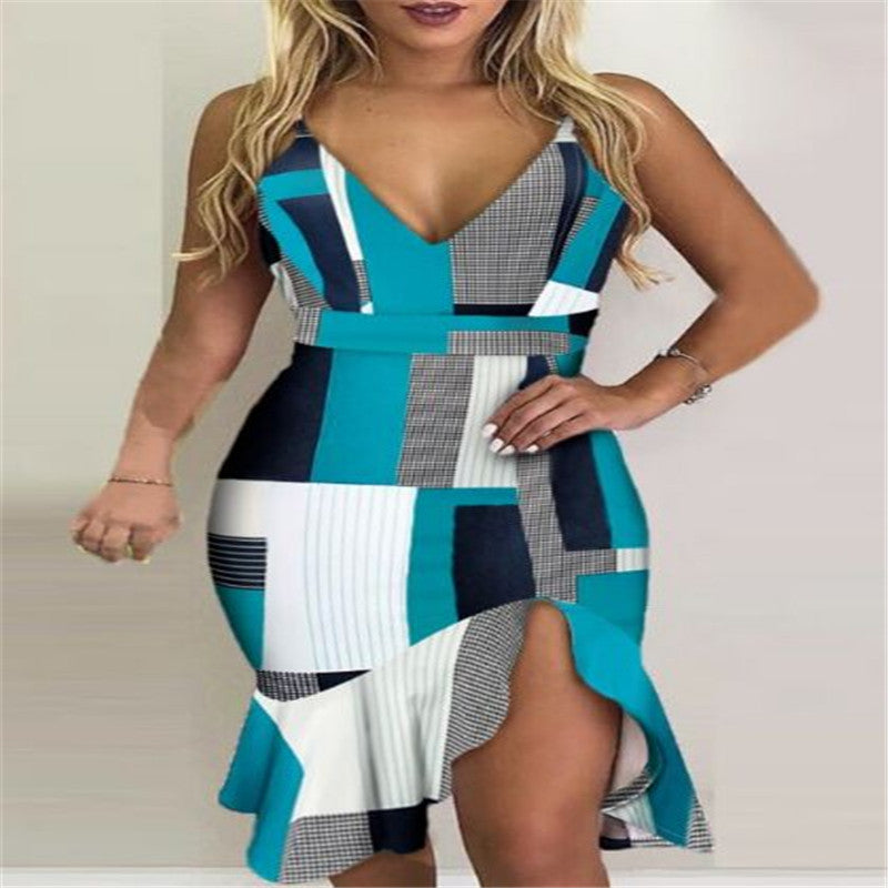 Printed V-Neck Split Midi Dress - blue