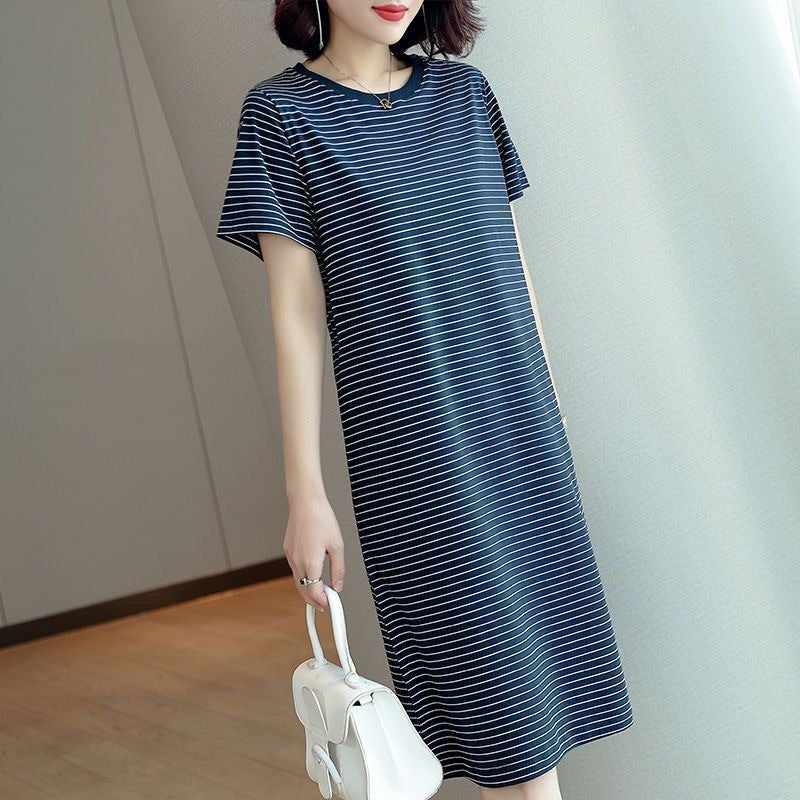 Elegant Loose Round Neck Striped Midi Dress