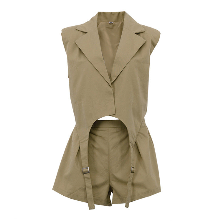 Khaki Oversized Sleeveless Peak-Lapel Exaggerated-Shoulder Asymmetric Hem Blazer & High-Waist Pleated Shorts Co-ord Set
